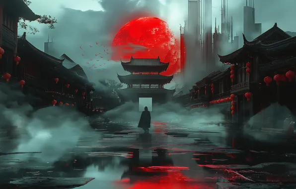 Picture red, Moon, fog, digital art, lantern, mist, crimson, ancient city