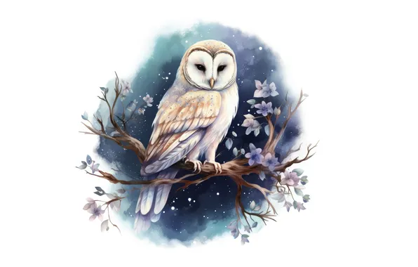 Look, flowers, night, owl, bird, branch, spring, watercolor