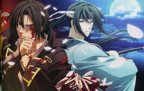 Night, blood, katana, The moon, guy, art, arm, military uniform