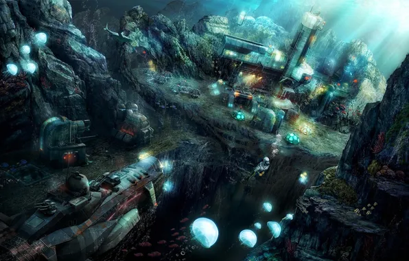 The city, rocks, ship, diver, art, jellyfish, under water, Anno 2070