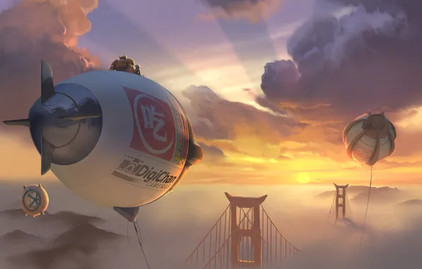 The sky, clouds, sunset, bridge, cartoon, CA, the airship, USA