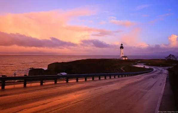 Road, sunset, the ocean, lighthouse, the evening