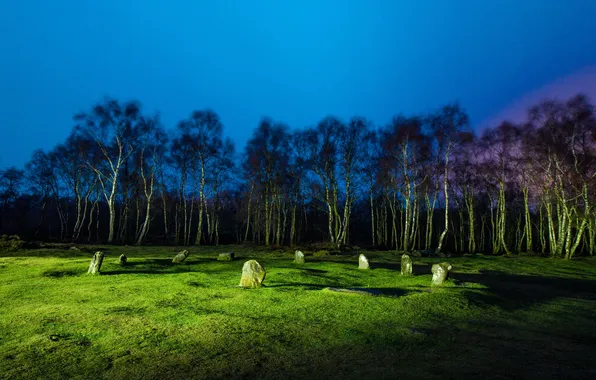 Picture grass, trees, night, stones, glade, lighting, UK, Stanton Moor