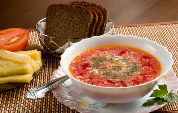 Picture greens, food, cheese, plate, bread, spoon, tomato, soup