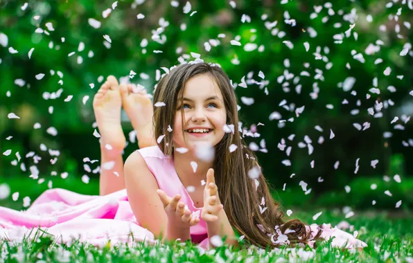 Picture grass, joy, smile, hair, petals, dress, girl