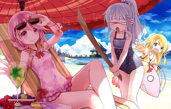 Beach, girls, wooden sword
