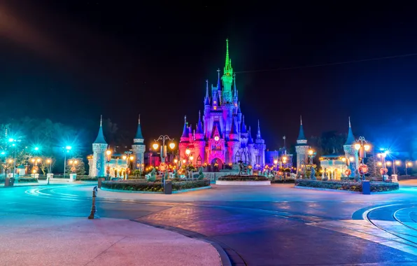 Lights, Night, Castle, Park, Disneyland