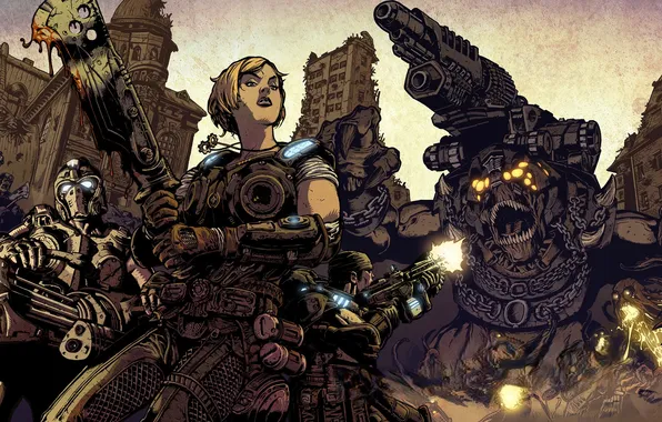 The city, weapons, people, building, monsters, the ruins, team, warriors