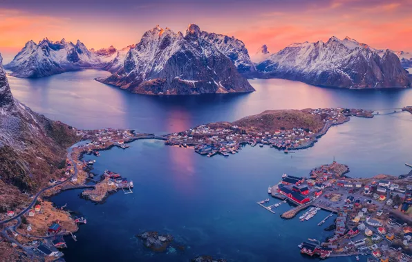 Snow, mountains, height, houses, pond, Lofoten