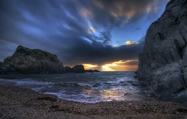 Sea, sunset, shore