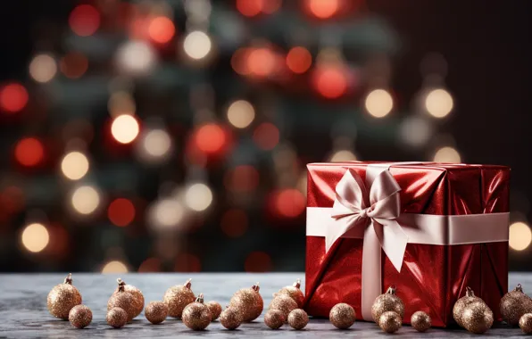 Balls, gift, Christmas, New year, bow, bow, Christmas decorations, gift box