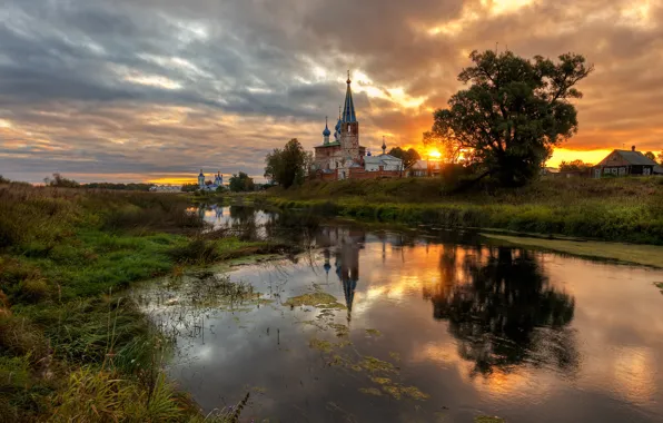 Picture landscape, sunset, nature, river, village, the evening, Bank, temples