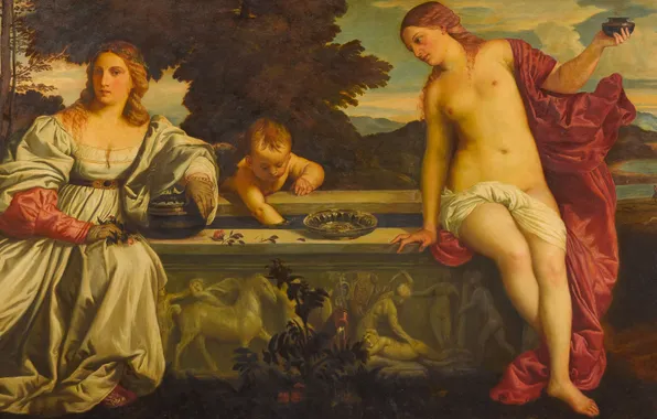 Girls, Picture, Venus, Tiziano Vecellio, Well, Titian Vecellio, Sarcophagus, Heavenly love and earthly love