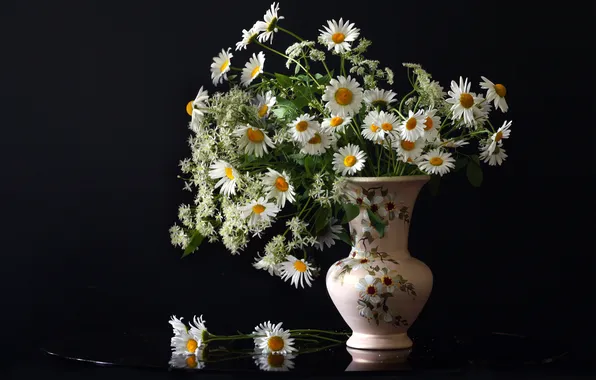 Flowers, chamomile, vase, black background, June, Chamomile bouquet, Zabolotskaya Olga