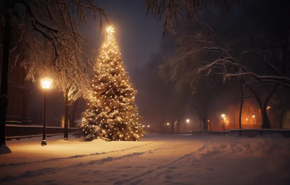 Picture winter, forest, snow, night, lights, tree, New Year, Christmas
