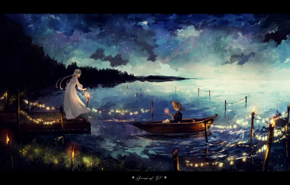 The sky, girl, stars, clouds, night, lake, boat, hat