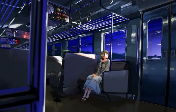 Picture girl, train, the evening, headphones, art, one, kurono-fuel
