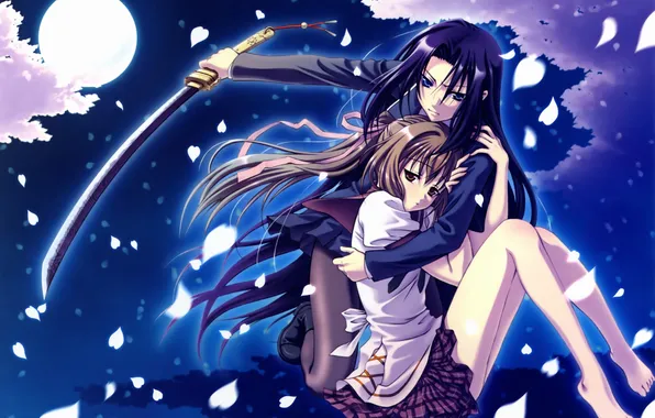 Picture the sky, night, weapons, girls, the moon, katana, anime, petals