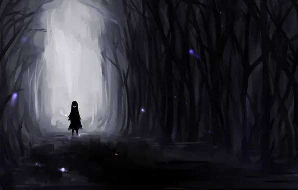 Forest, smile, darkness, girl