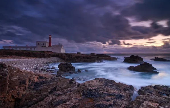 Sea, shore, lighthouse, the evening, Portugal, Michael Breitung