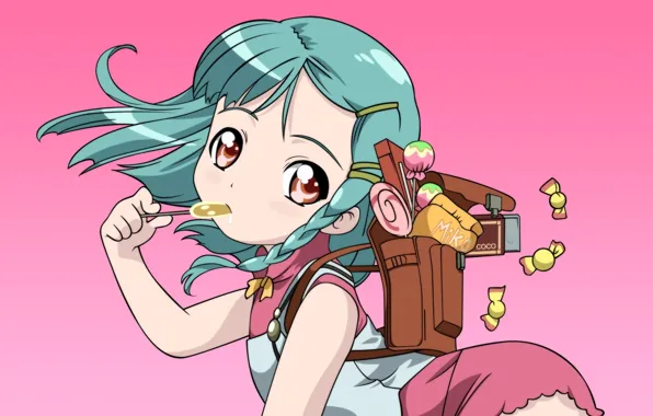 Candy, girl, Lollipop, pink background, pigtail, satchel, big eyes, Bakemonogatari