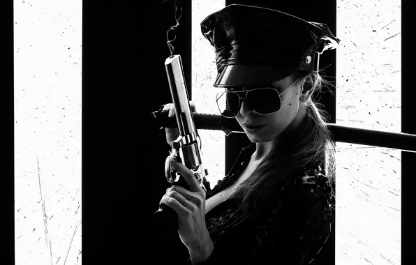 Girl, katana, glasses, black and white, revolver, COP, cop
