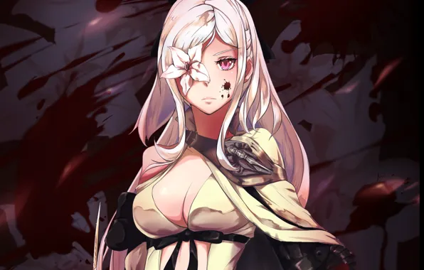 Picture the demon, red eyes, blood spatter, woman warrior, Drakengard zero, blood on the face