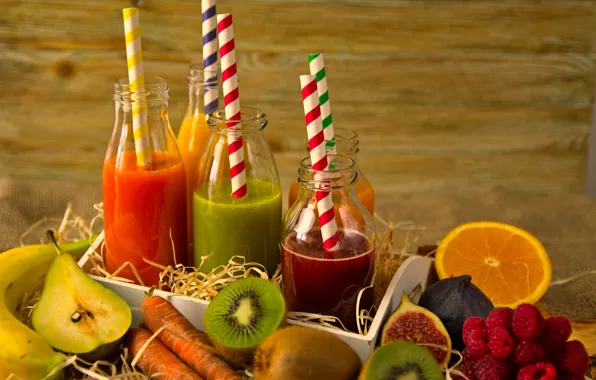 Berries, raspberry, Board, oranges, kiwi, juice, cocktail, bottle