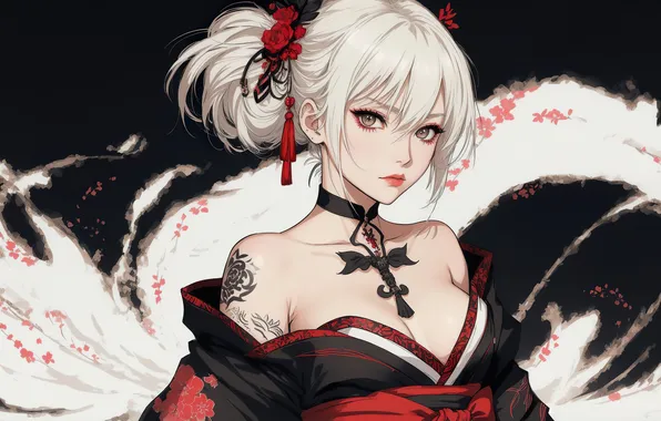 Girl, anime, blond, digital art, fantasy art, kimono, tatto, fantasy girl