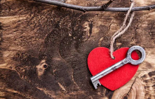 Love, romance, heart, key, red, love, heart, wood