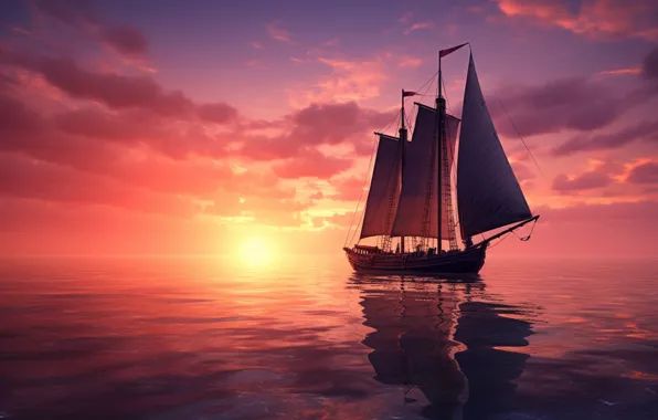 Sea, water, sunset, ship, sailboat, pond, the ship, swimming