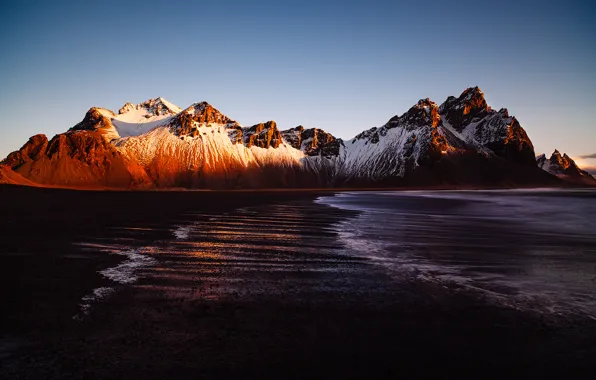 Sea, light, mountains, Iceland, Vestrahorn, Stockksness