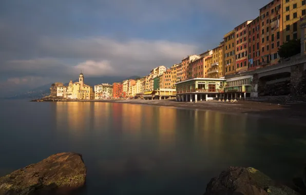 Sea, the sky, clouds, light, the city, reflection, stones, shore