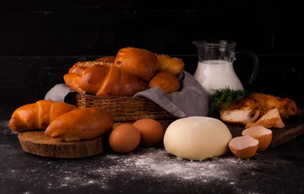 Eggs, milk, bread, meat, basket, cakes, croissants, the dough