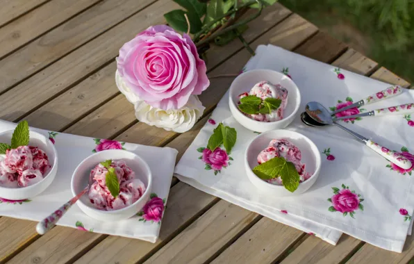 Flowers, table, roses, ice cream, pink, white, mint, tablecloth
