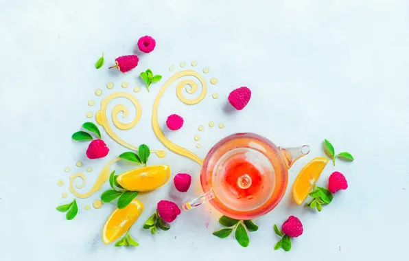 Leaves, raspberry, pattern, lemon, tea, food, drink, still life