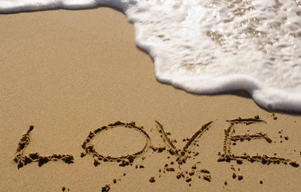 Sand, sea, beach, foam, the inscription, wave, love