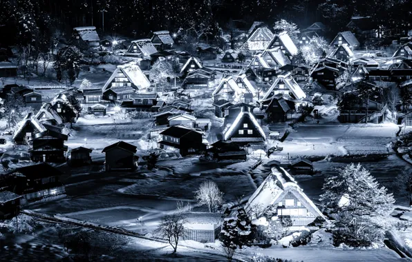 Winter, snow, night, lights, home, Japan, valley, the island of Honshu