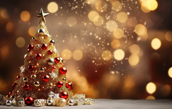 Decoration, background, balls, tree, New Year, Christmas, red, golden