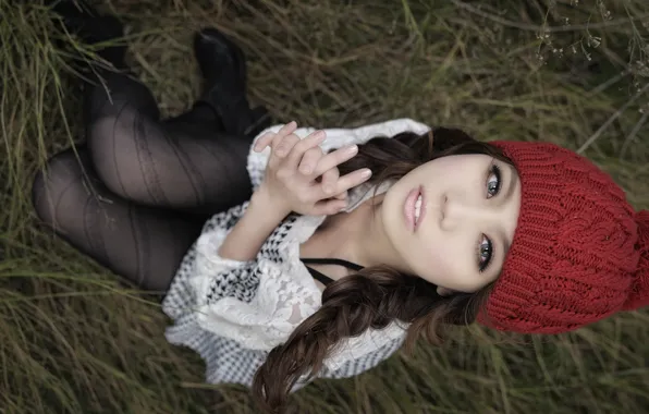 Look, hat, tights, Asian, blue eyes, jacket, sitting, red