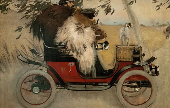 Picture autumn, retro, dog, picture, car, Ramon Casas