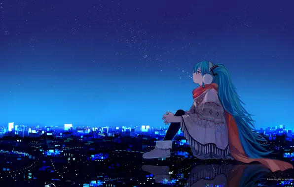 Girl, stars, night, the city, lights, home, art, Hatsune Miku
