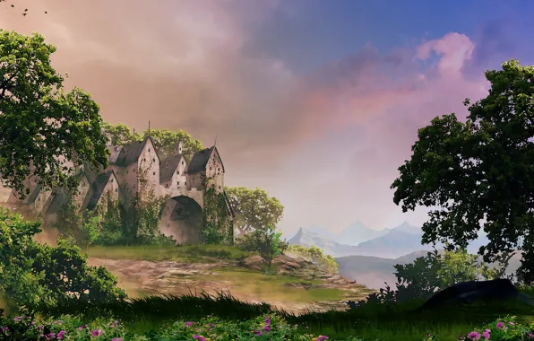 Trees, flowers, nature, castle, Castle