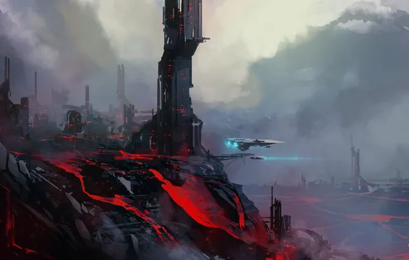 City, fantasy, science fiction, spaceship, sci-fi, artist, digital art, lava