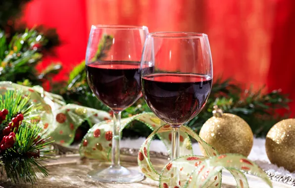 Berries, holiday, wine, balls, new year, spruce, glasses, tape