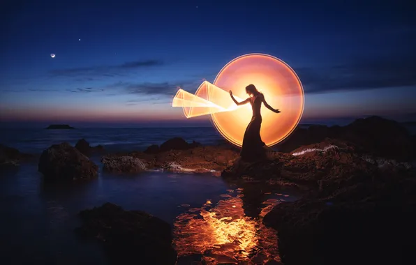 Sea, girl, stars, clouds, light, landscape, night, nature