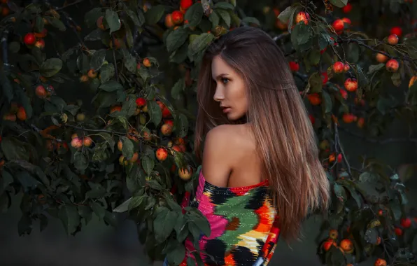 Leaves, girl, face, green, model, apples, portrait, Victoria