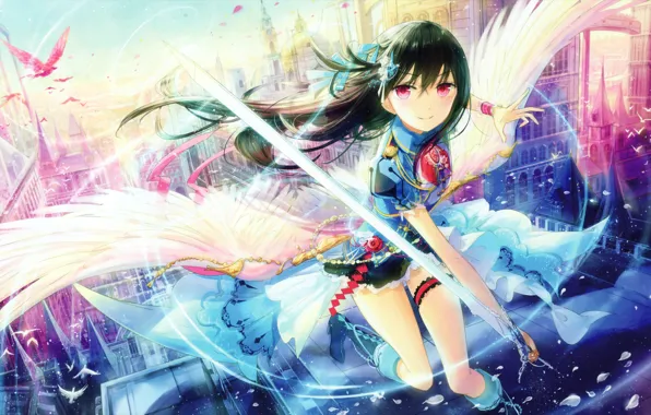 Picture girl, the city, sword, anime, art