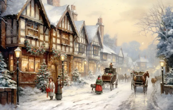 Winter, snow, the city, house, building, home, Christmas, New year