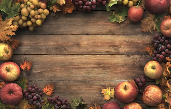 Autumn, leaves, apples, Board, texture, frame, harvest, grapes